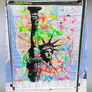 Hand Painted Original New York City Subway Map Artwork -Statue Of Liberty (Neon)